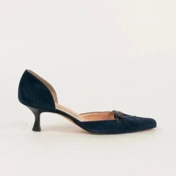 Manolo Blahnik Navy Suede Bow Kitten Heels - Picture 1 of 6